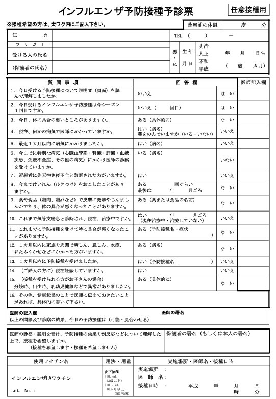インフルエンザ予防接種予診票